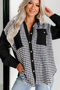 Black and White Colorblocked Houndstooth and Corduroy Shacket