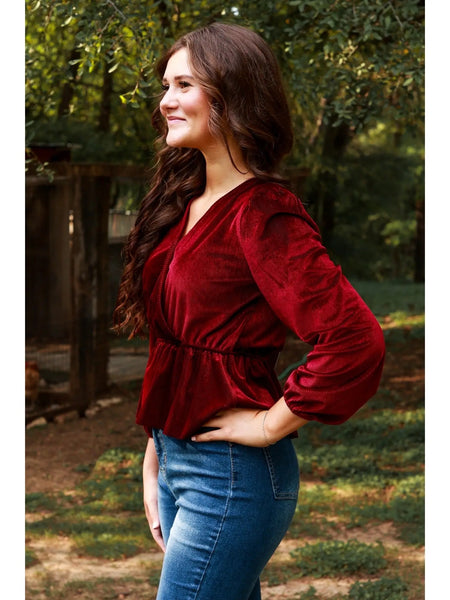 Deep Red Ribbed Velvet V-neck Peplum Top