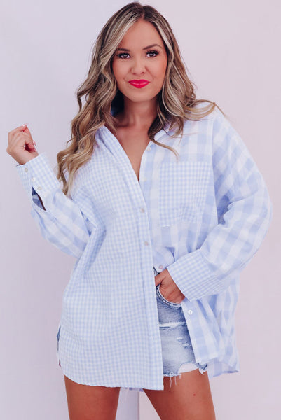 Light Blue Mixed Checkered Oversized Button Up Top