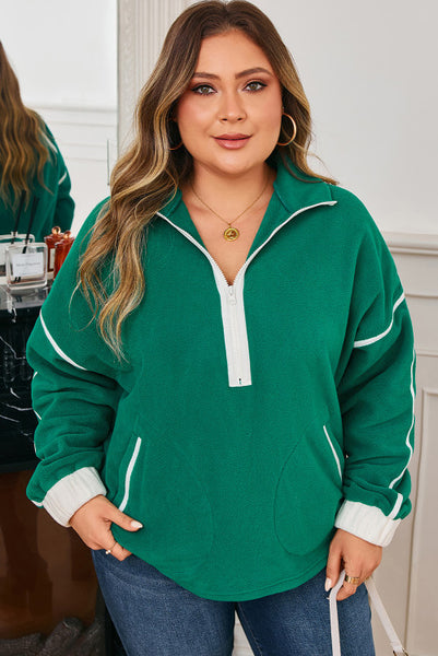 Green Fleece Half Zip Pullover with White Contrast Trim