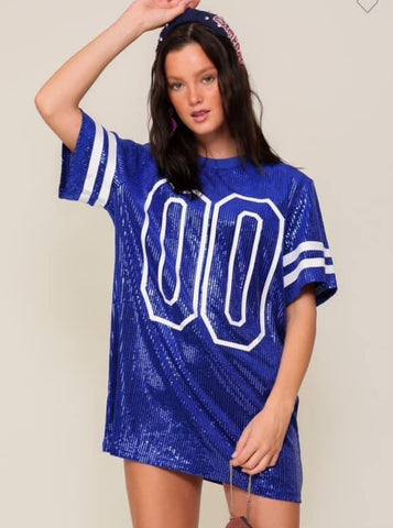 Blue Sparkly Sequins Sports Jersey Dress with White 00 and Varsity Ringer Sleeves