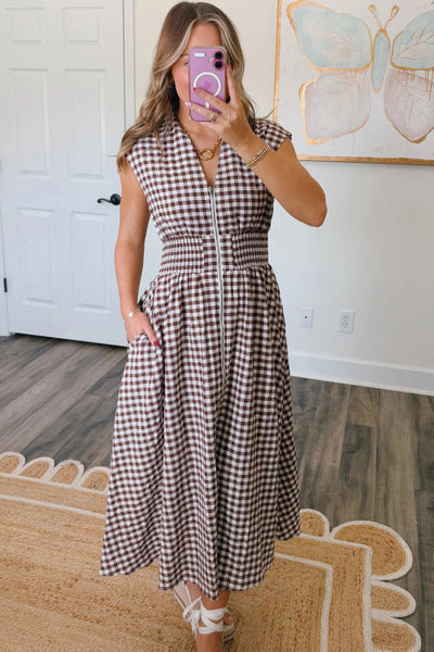 Coffee Brown Gingham Shirred Waist Zip Up Maxi Dress