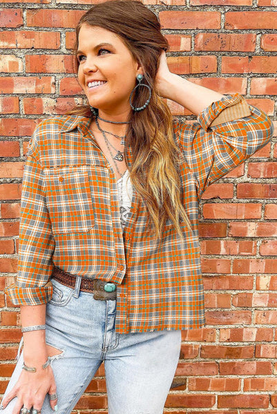 Orange Plaid Button Up Flannel Top with Raw Hemline Details and Aztec Embellishment