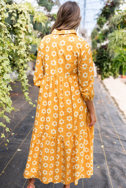 Yellow Floral Boho 3/4 Length Sleeve Dress