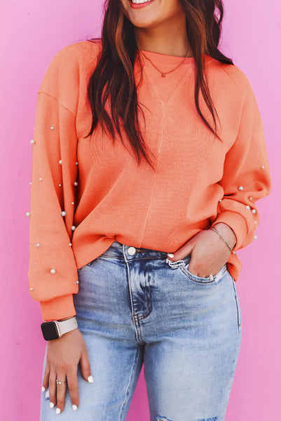 Creamsicle Orange Super Soft Ribbed Top with Pearl Embellished Sleeves