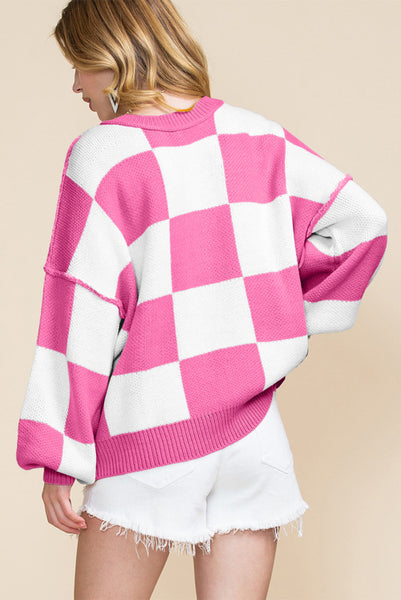 Pink and White Checkered Relaxed Fit Sweater