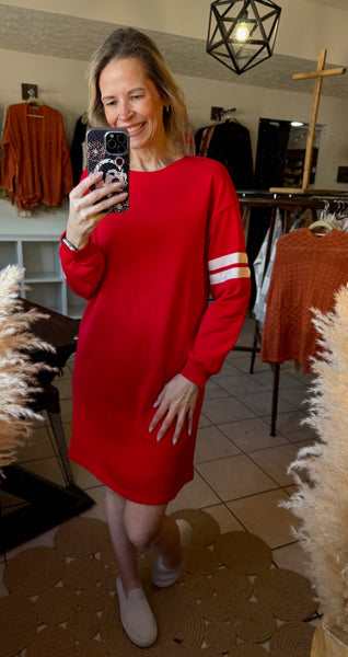 Red Shift Sweatshirt Dress with Sleeve Contrasting Varsity Stripes and Pockets
