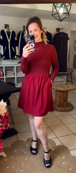 Red Dahlia Frill Neck Ribbed Mixed Material Long Sleeve Dress with Pockets