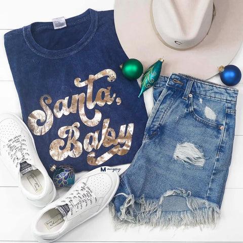 Santa Baby Tee - Navy Mineral Wash T-shirt with Gold Foil Lettering