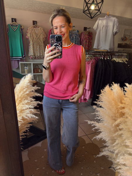 Pink Contrast Trim Lightweight Sweater Knit Tank with Pearl Embellishments