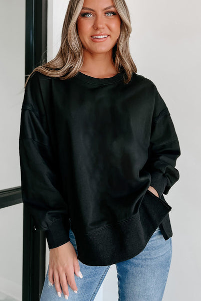 Black Exposed Seam Pullover with Side Slits