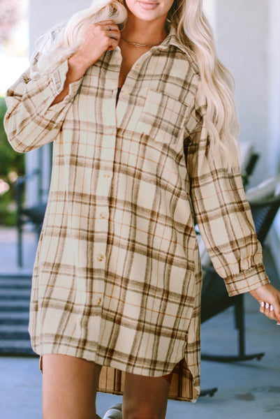 Cream Plaid Longer Length Button Up Shacket