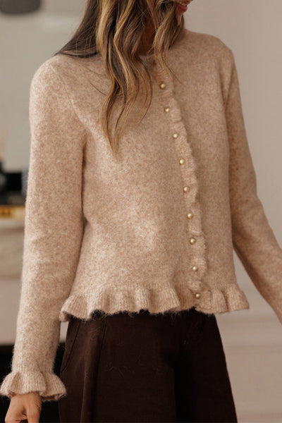 French Beige Ruffle Trim Cardigan with Gold Button Detailing