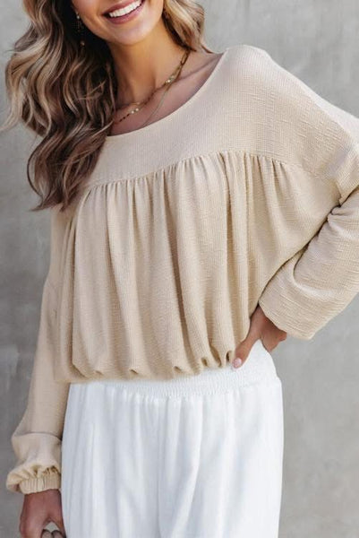 Beige Textured Long Sleeve Pleated Drop Shoulder Top with Elastic Waist Cinch