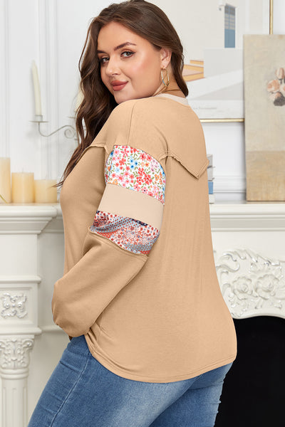 Curvy Khaki Long Sleeve Top with Patchwork Sleeves