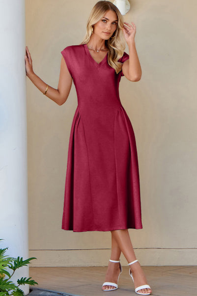Red Dahlia V-Neck Flared Midi Dress