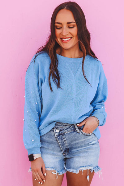 Blue Super Soft Ribbed Top with Pearl Embellished Sleeves