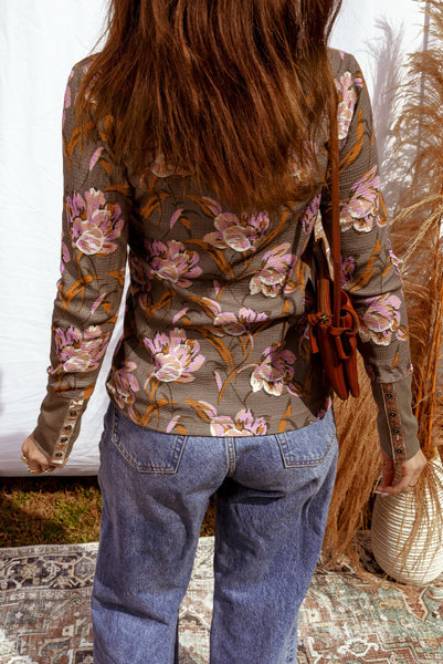 Brown Floral Waffle Texture Long Sleeve Top
