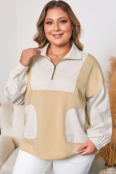 Curvy Khaki Stripe Colorblocked Half Zip Pullover with Pockets