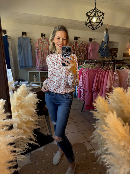 Khaki and Rust Leaf Print Long Sleeve Button Up Top with Lace Details