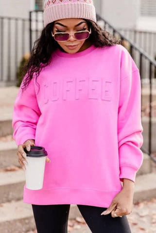 Pink Embossed COFFEE Pullover Sweatshirt