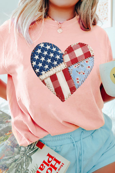Pink Tee with Americana Patchwork Heart Graphic - Patriotic - 4th of July - Memorial Day - Veteran's Day - USA