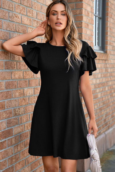 Black Ruffle Sleeve Dress with Pockets