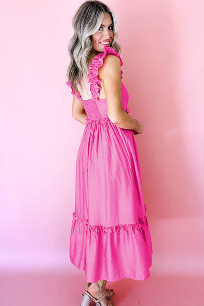 Strawberry Pink Ruffle Trim Midi Dress