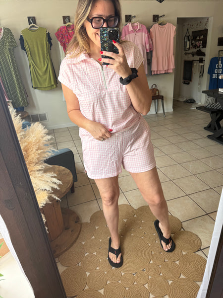 Pink Gingham Shorts and 1/4 Zip Set
