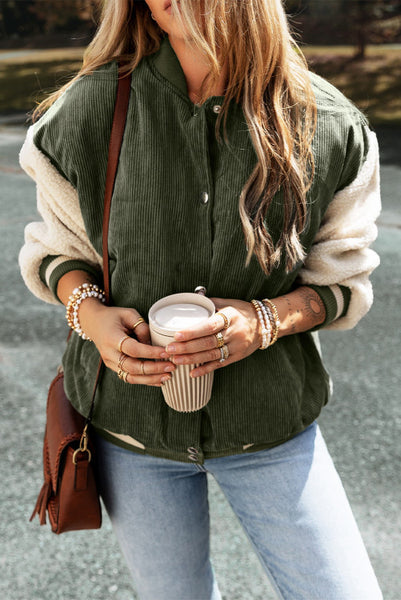 Olive Green Corduroy Bomber Jacket with Contrasting Sherpa Sleeves