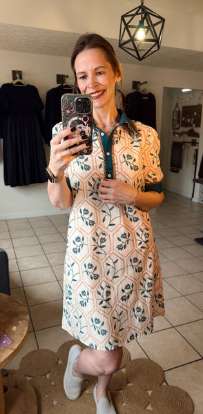 Geometric Floral Print Lace Trim Collared Short Sleeve Dress