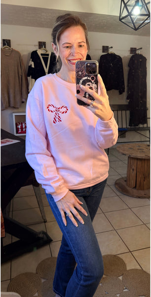 Pink Sweatshirt with Embroidered Candy Cane Striped Bow Pocket Design