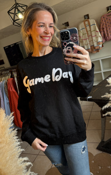 Black with White Chenille Game Day Graphic Sweatshirt Pullover - Sports Mom