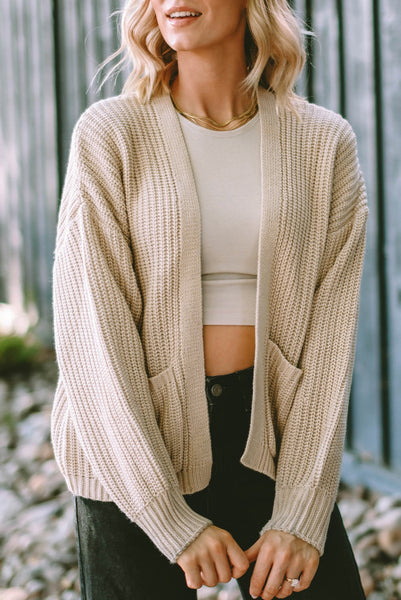 Khaki Sweater Knit Cardigan with Front Pockets