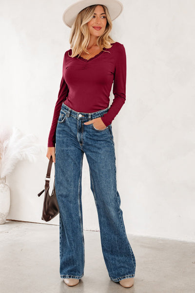 Red Dahlia Fitted Long Sleeve V-Neck Top with Lace Trim