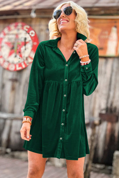 Green Long Sleeve Button Up Velvet Babydoll Dress