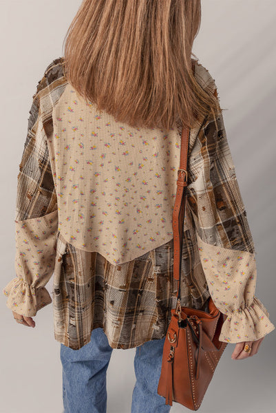 Oatmeal Boho Floral and Plaid Patchwork Distressed Detail Ruffled Sleeve Waffle Knit Shacket