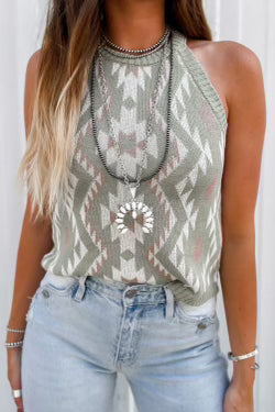 Gray, Pink and White Geometric Sweater Halter Top