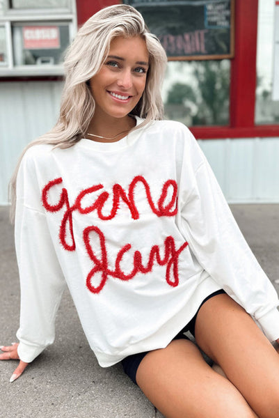 White Game Day Sweatshirt with Red Tinsel Lettering - Sports Mom - Basketball - Baseball - Football - Sports