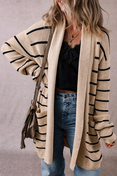 Black Striped Open Front Cardigan with Pockets