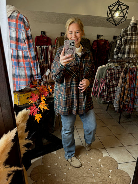 Brown and Green Plaid Button Up Flannel Top