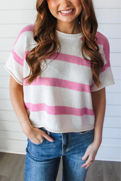 Lightweight Pink and White Wide Striped Sweater with Rolled Edging