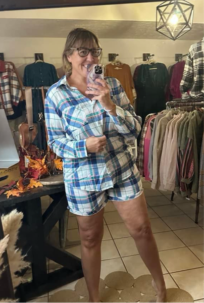 Blue Plaid Long Sleeve Button Up Top and Shorts Pajama Set