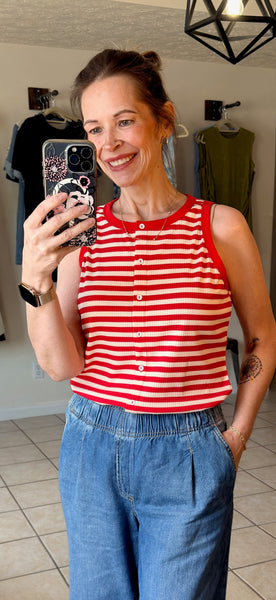 Red and Cream Striped Ribbed Button Up Tank Top