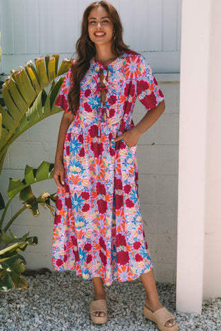 Red and Pink Floral Tie Front Maxi Dress