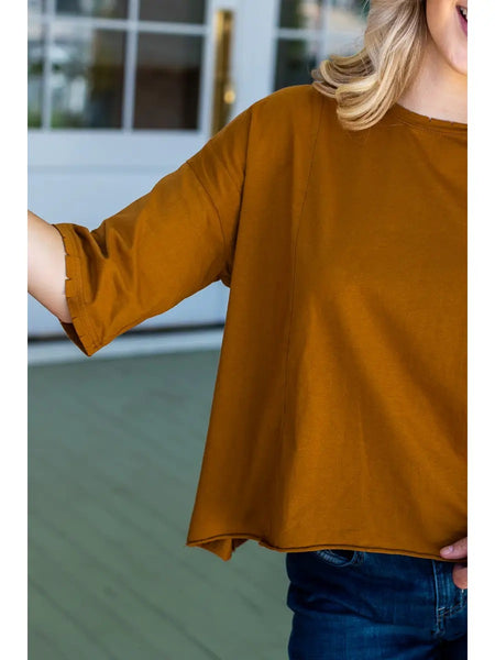 Rust Short Sleeve Shorter Length Top with Raw Hemline and Distressed Edging - Cropped