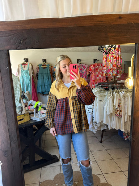 Mustard and Plaid Colorblock Babydoll Button Up Top