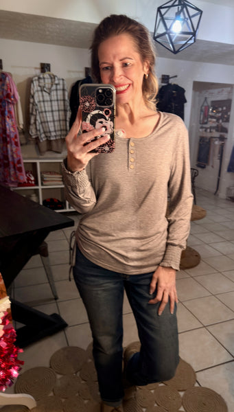 Heathered Gray Long Sleeve Side Drawstring Top