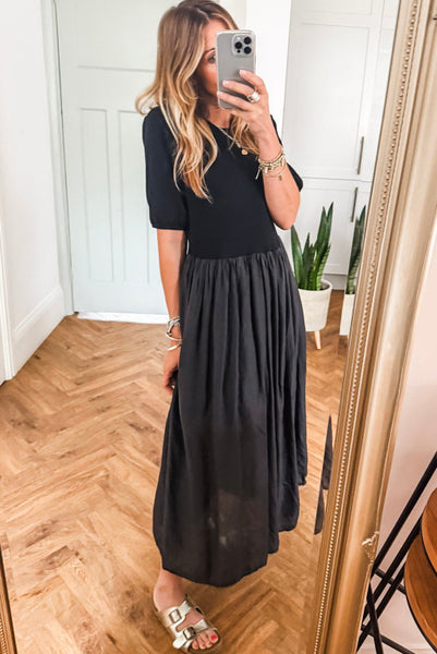 Black Short Sleeve Knit Top Patchwork Maxi Dress