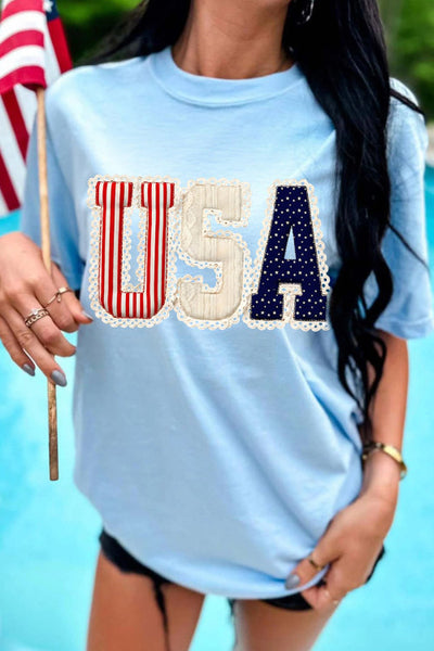 Light Blue Mixed Pattern Lacey Vintage Print Graphic Tee - Patriotic - 4th of July - Memorial Day - Veteran's Day - USA